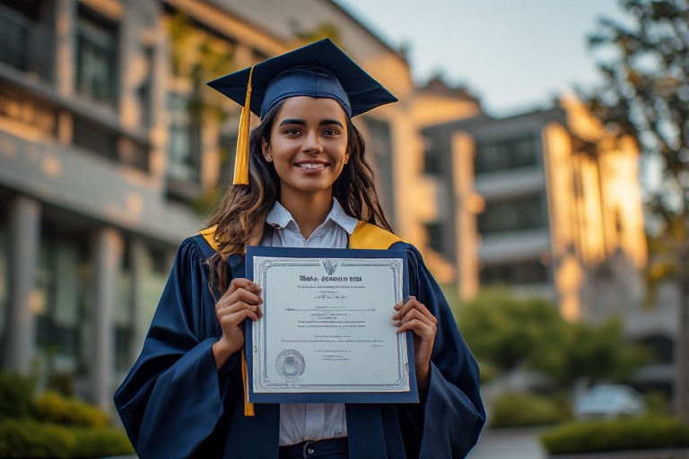 Graduada mostrando su certificado de inglés